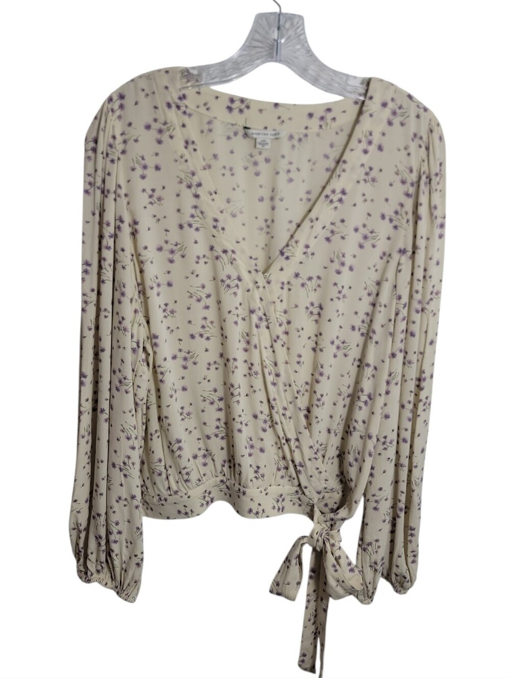 American Eagle floral faux wrap top v neck long balloon sleeve women's large